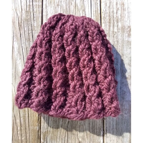 Womens Chunky Alpaca Beanie Skully Hat Handmade Knit Unisex Burgundy Men Red M/L - Picture 6 of 9